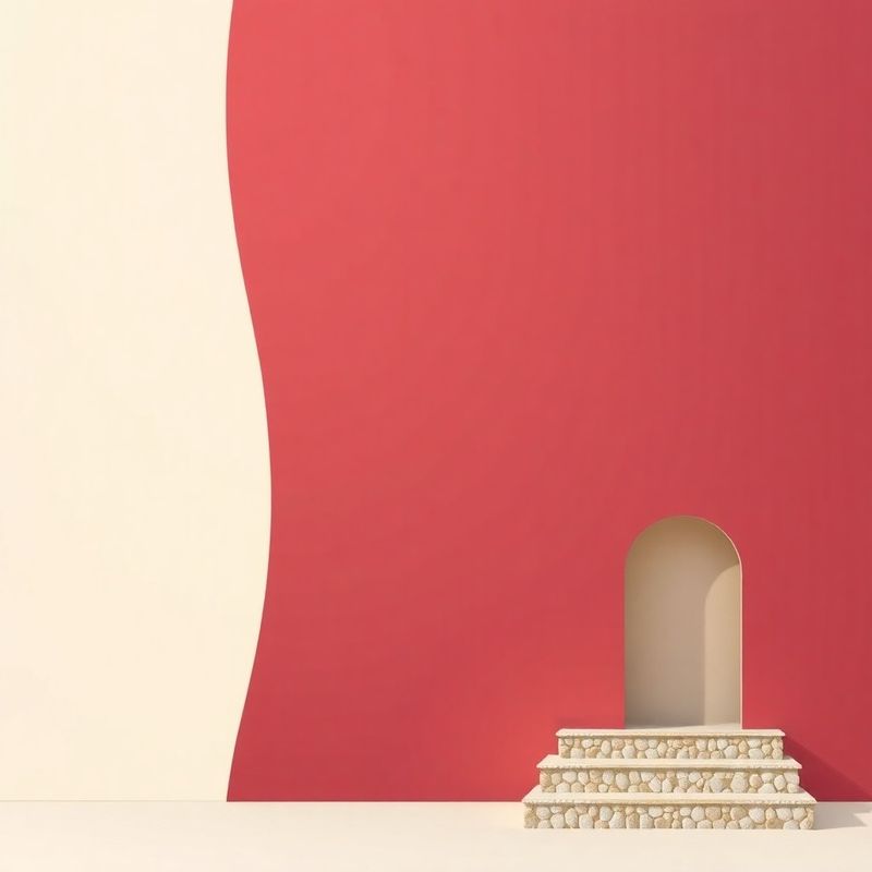 Cream-to-burgundy gradient with minimal geometric forms suggesting tiered scale